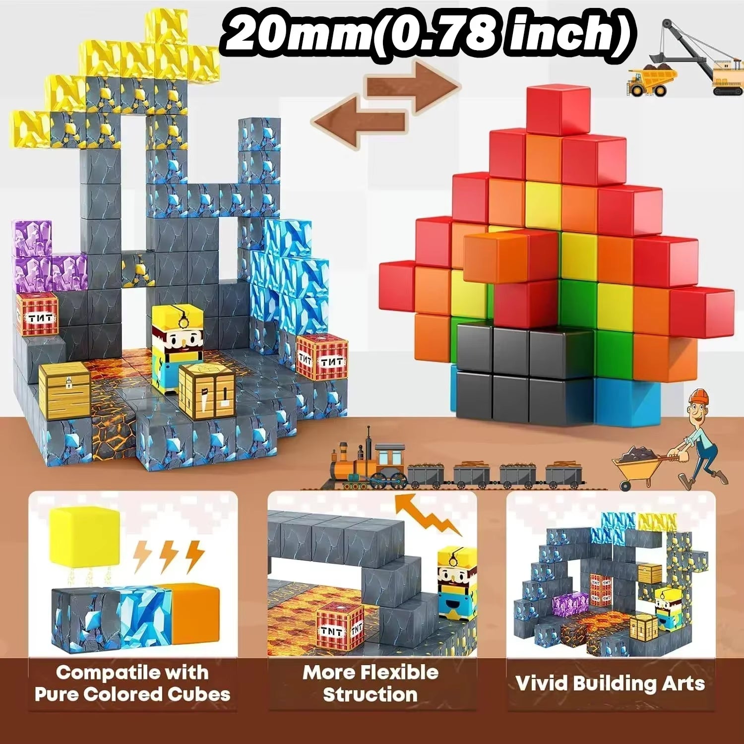 Magnetic Building Blocks Mine World Magnet Cube Set for Boy Girl Kid Age 3+ DIY Model Children Stem STEM Sensory Toy Gift